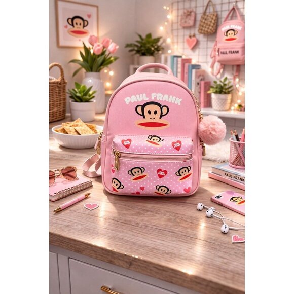New Paul Frank Julius Monkey Mini Backpack Pink Polka Dot Y2K Kidcore Pom Pom